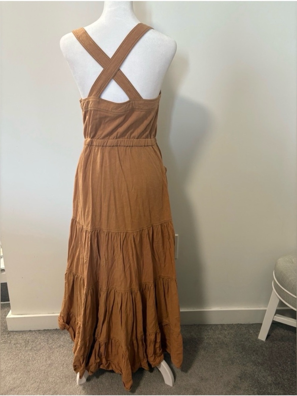 Free People Catch The Breeze Woven Linen-Blend Button-Down Tan Maxi Dress S - Picture 7 of 13